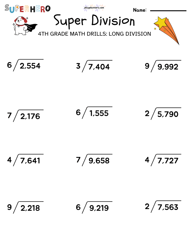Super Division worksheet for fourth grade students to practice dividing four-digit numbers by one-digit numbers with 12 problems per page.