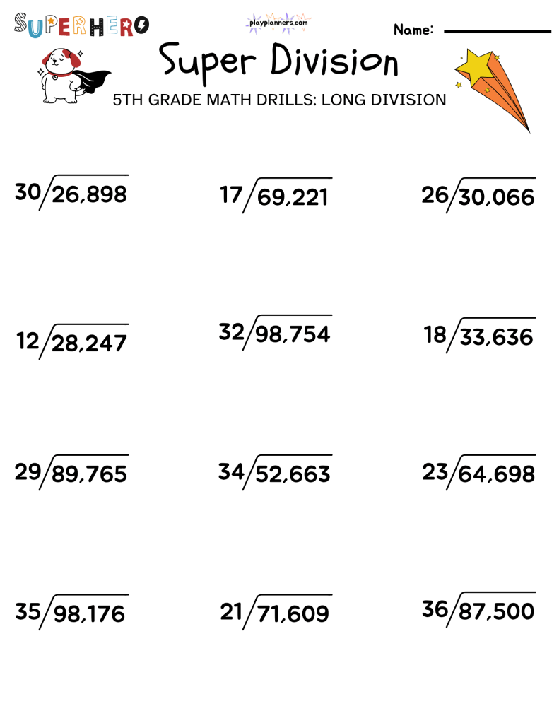 Printable Super Division fifth grade math worksheet with 12 long division questions for building division skills and accuracy.