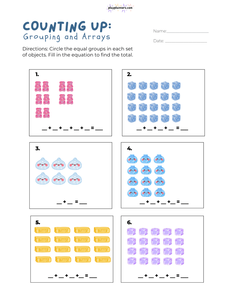 Squishy toy-themed 3rd grade math worksheet with arrays to circle equal groups, complete repeated addition equations, and find the total.