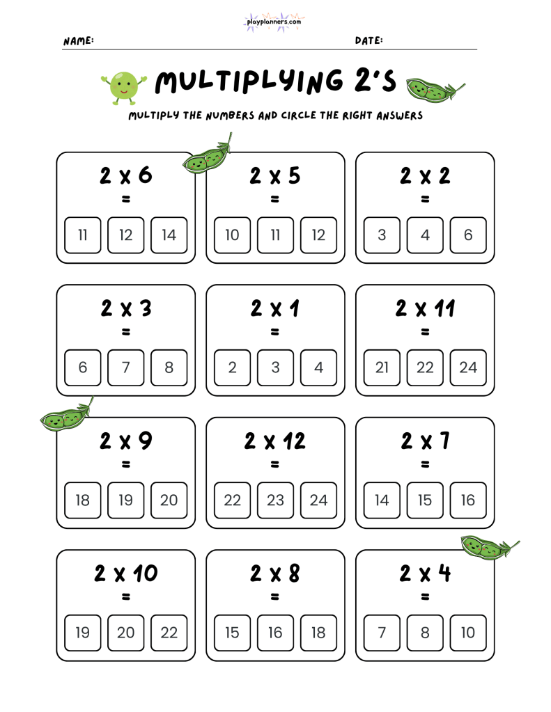 Printable 2 times table worksheet with 12 multiplication problems and multiple-choice answers to circle.