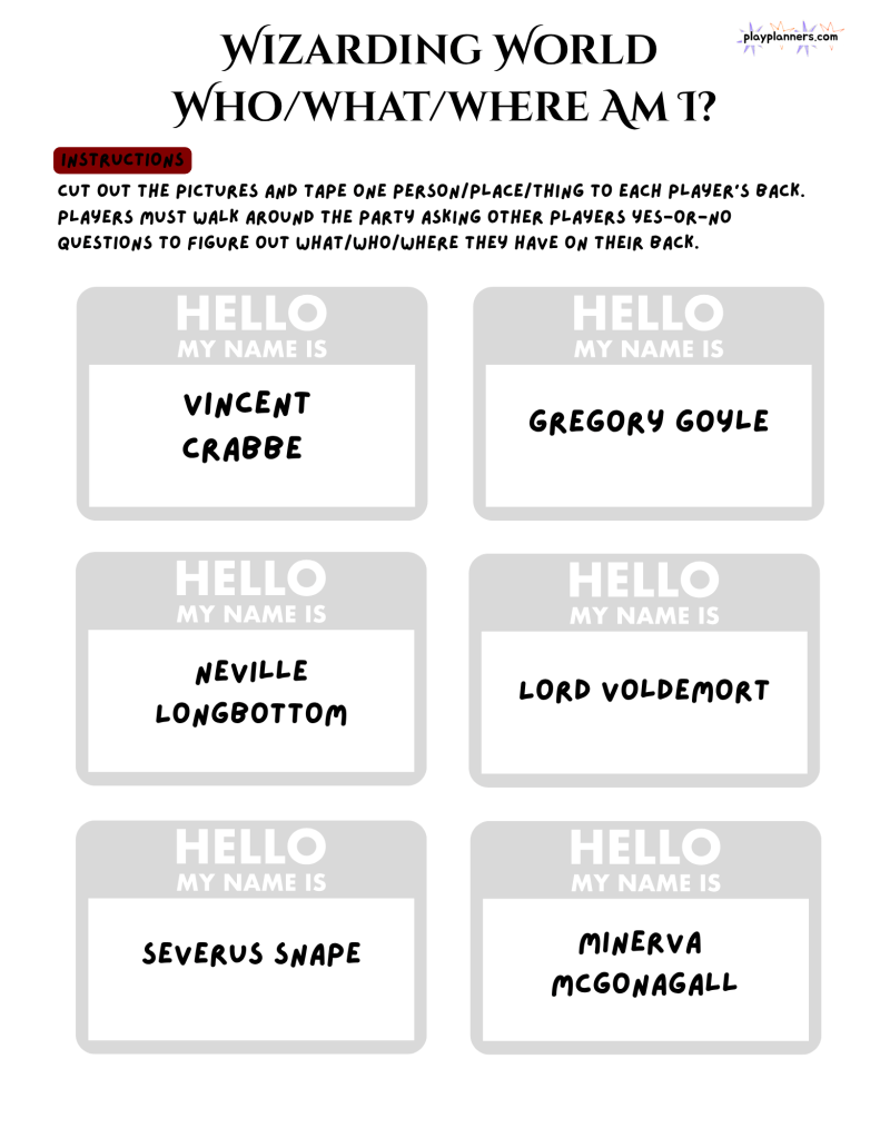 Harry Potter Who What Where printable party game with cutout guessing tags for a magical birthday party activity for kids.