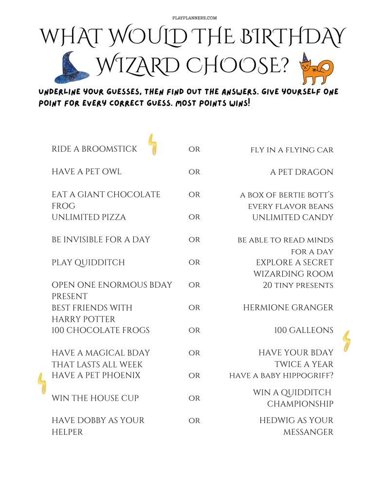Harry Potter themed Would You Rather birthday party game with fun wizarding questions for kids to answer and guess the birthday child's preferences.