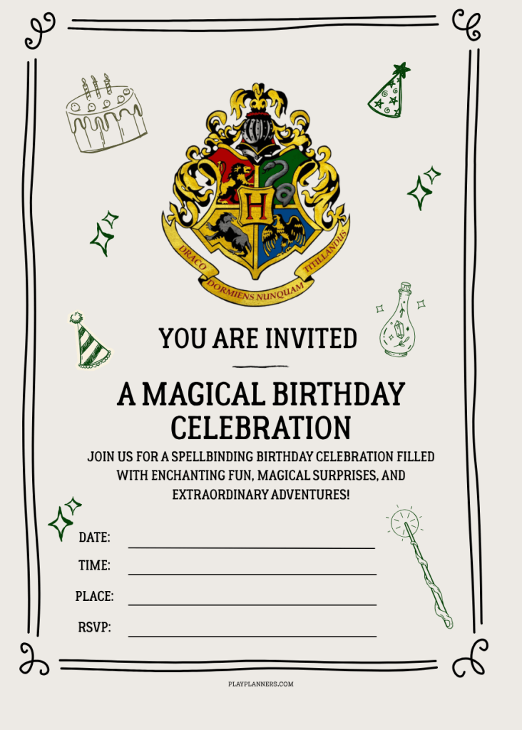 Printable Harry Potter birthday invitation for kids featuring a magical wizarding theme for a Hogwarts inspired birthday party.