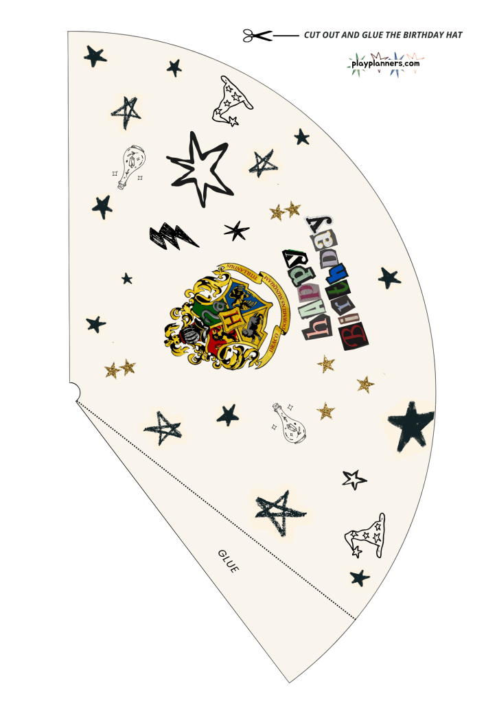 Hogwarts birthday party printable hat for children to wear at a Harry Potter themed celebration.