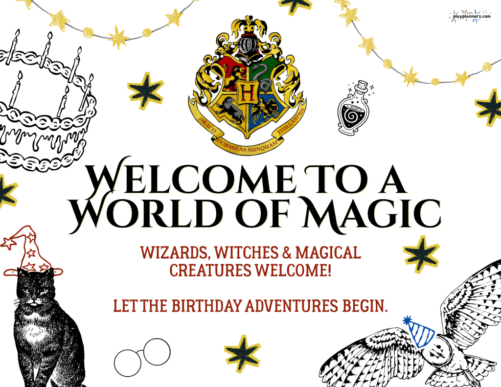 Harry Potter birthday party welcome sign printable on a white background for an easy to print Hogwarts themed celebration.