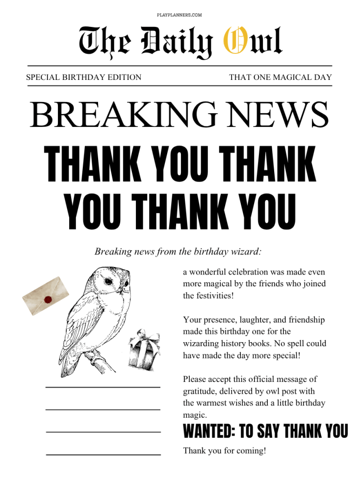 Harry Potter birthday party thank you card printable on a white background, designed for easy printing and thanking guests after a wizard themed celebration.