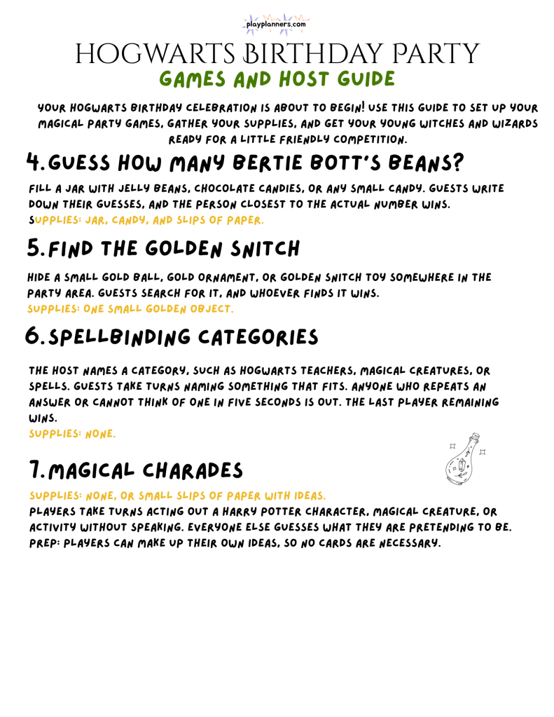 Printable Harry Potter birthday party game instructions and host checklist with easy magical activities to help parents plan a Hogwarts themed celebration.