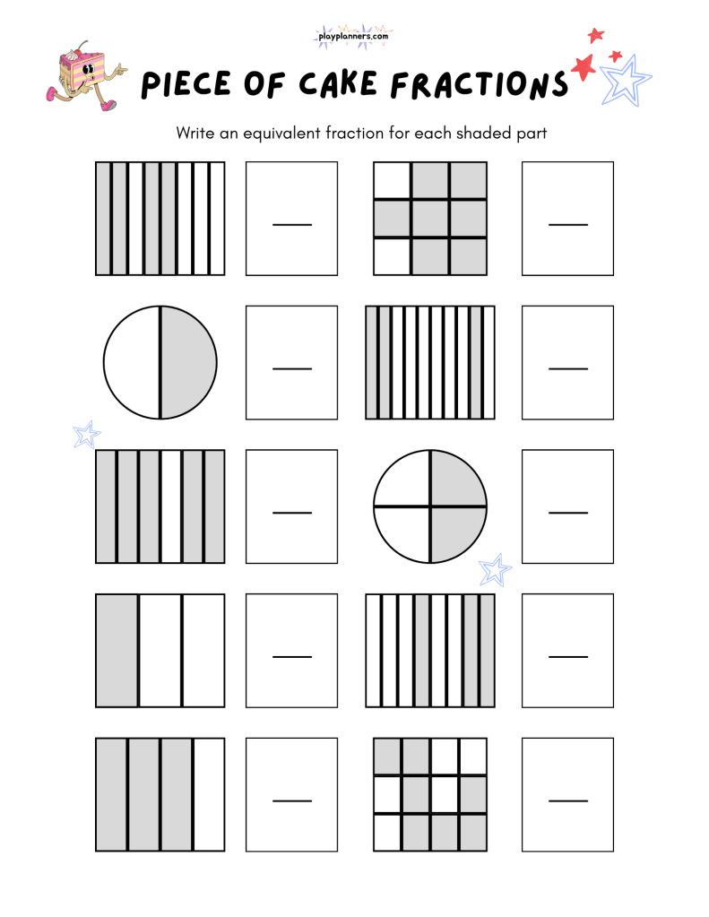 Free fourth grade equivalent fractions printable with shaded shapes to help students recognize equal fractional amounts.