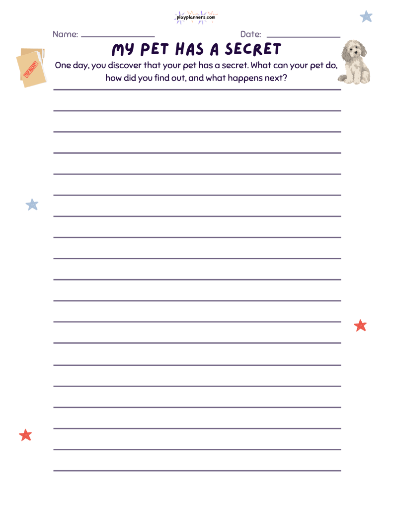 My Pet Has a Secret: Fourth grade creative writing worksheet with a cute pet-themed graphic, a prompt about a pet's secret talent, and 18 lines for story writing.