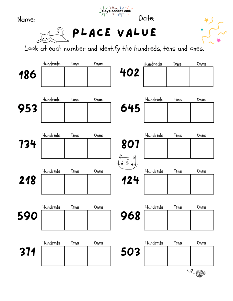 Printable hundreds, tens, and ones worksheet for 3rd grade students, with three-digit number practice and cute cat drawings.