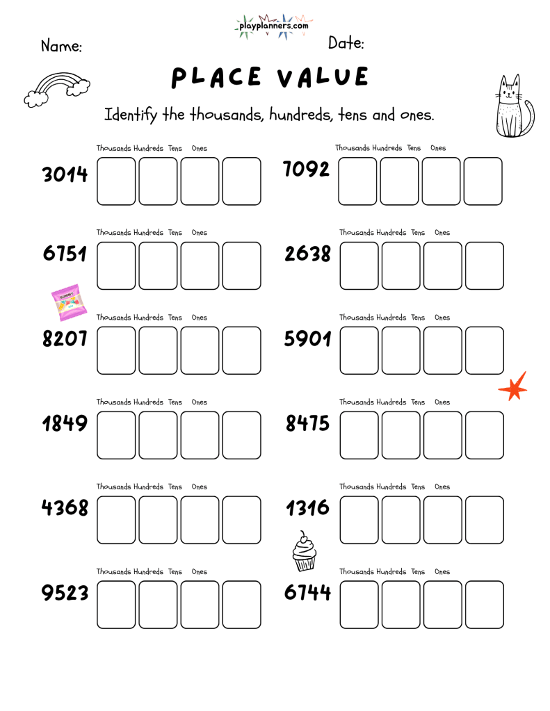 Free fourth grade place value worksheet with four-digit number exercises, Name and Date lines, and simple decorative doodles.