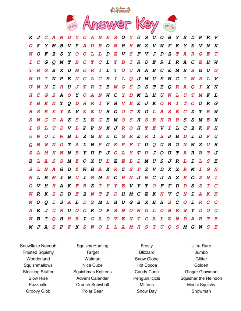 Squishy Winter word search answer key showing the locations of all 32 hidden squishy and winter words.