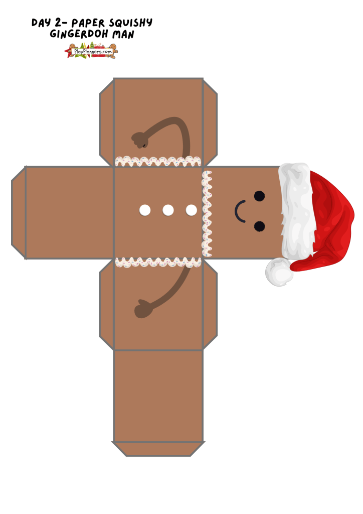 Gingerbread man paper squishy printable for kids to cut, fold, and assemble as part of a Christmas craft collection.