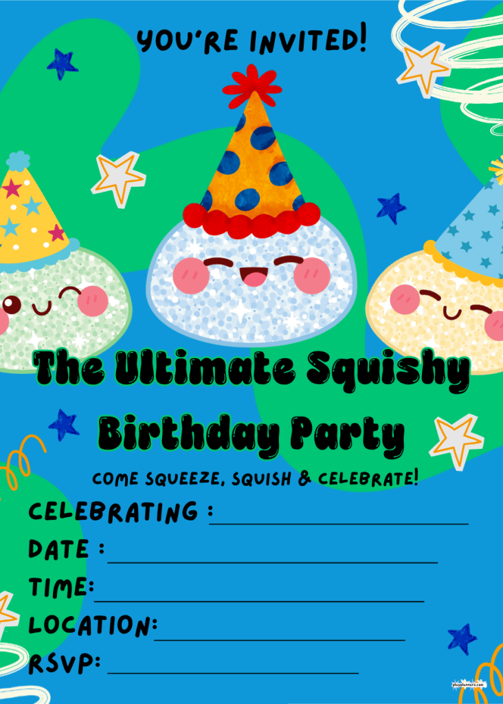 Printable squishy birthday party invitation featuring dumpling squishies wearing birthday hats and the text “You're Invited to the Ultimate Squishy Birthday Party,” with blank lines for the date, time, place, and RSVP.