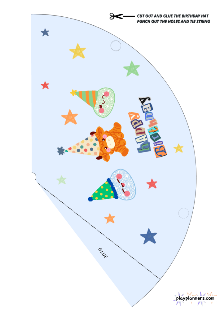 Printable birthday party hat decorated with a cute Highland cow squishy wearing a birthday hat and festive stars.