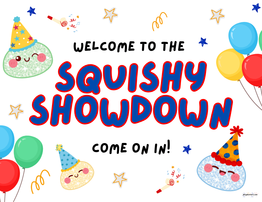 Printable squishy birthday party welcome sign for boys reading “Welcome to the Squishy Showdown, Come on In!” with colorful balloons and squishies wearing birthday hats in red, blue, orange, yellow, and green.