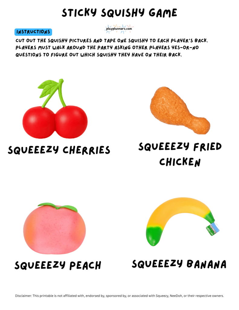Printable Sticky Squishy on Your Back guessing game for boys' birthday parties, featuring colorful squishy toy illustrations with their names to cut out and tape onto players' backs for a fun game of yes-or-no questions and squishy-themed guessing.
