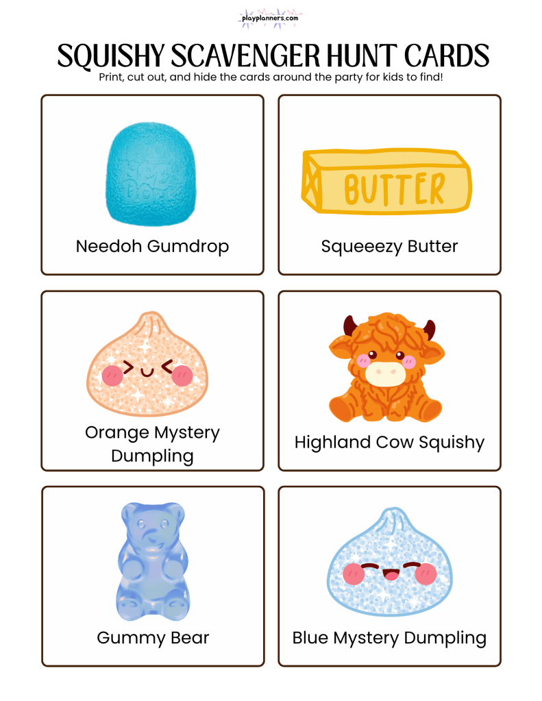 Printable squishy scavenger hunt for boys' birthday parties, featuring a scavenger hunt checklist with colorful squishy toy pictures and two pages of squishy icons to cut out and hide around the party area. Kids race to find all the hidden squishies, making it a fun birthday party activity.