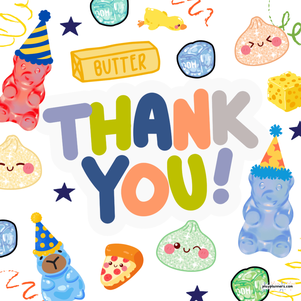 Printable squishy birthday thank-you cards for boys, featuring colorful squishy toys and stars in three background options: white, black and blue, and light cream. These squishy-themed thank-you cards are perfect for thanking friends and family for birthday gifts and celebrating a fun squishy birthday party.