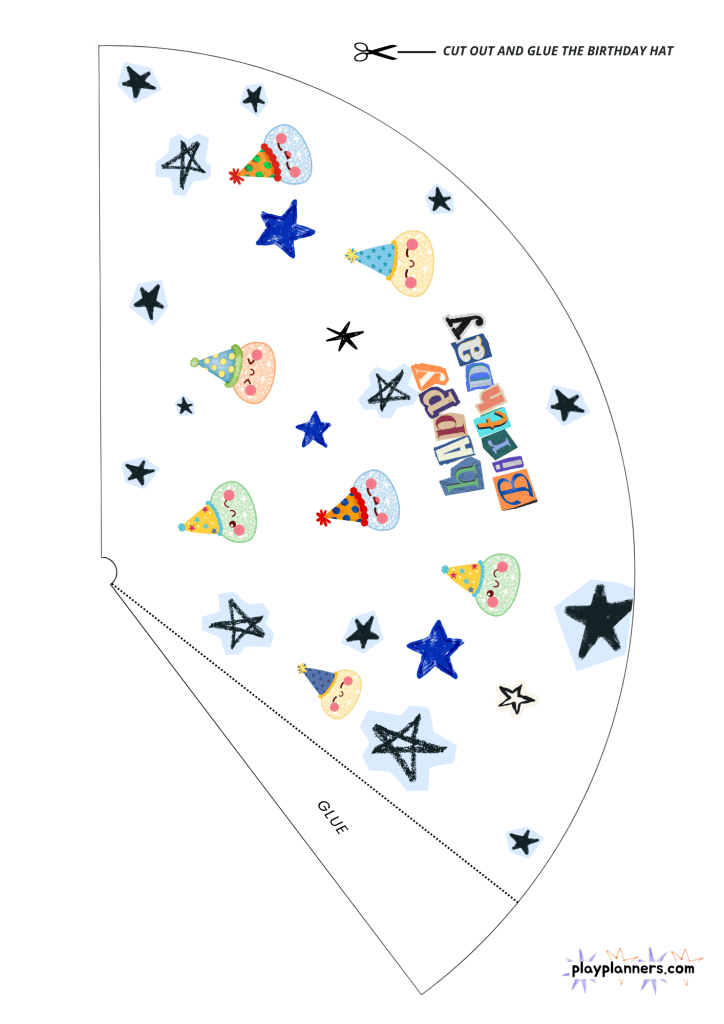 Printable white-background squishy birthday party hats for boys, featuring cute dumpling squishies wearing birthday hats and playful star decorations. These ink-saving birthday hat printables are perfect for a squishy-themed boys' birthday party and can be cut out, folded, and assembled for festive party favors.