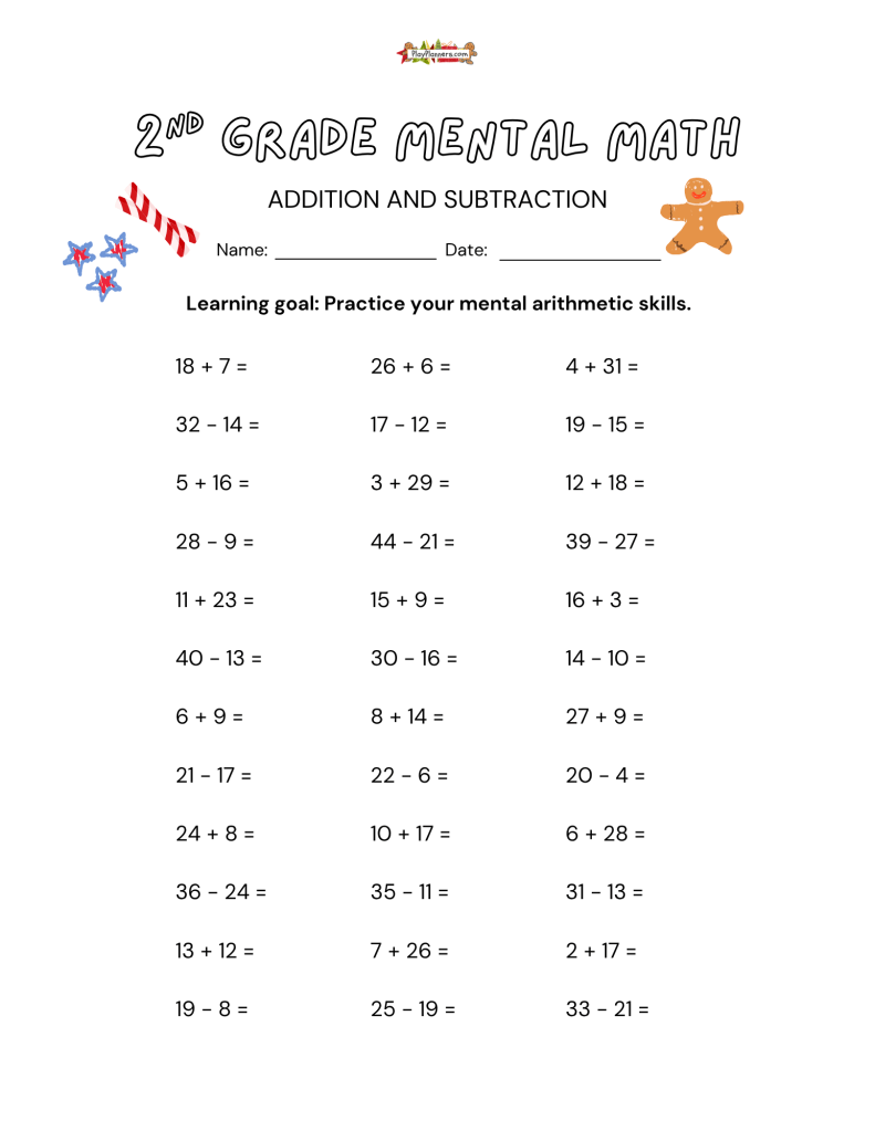 Free Christmas mental math printable for 2nd grade with three columns of math problems and a festive star design.