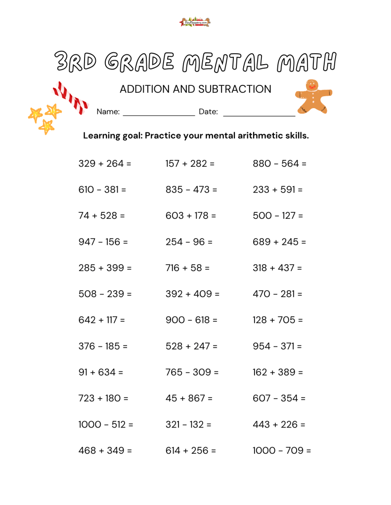 Free printable 3rd grade Christmas mental math worksheet with 36 three-digit addition and subtraction problems for classroom or homeschool.
