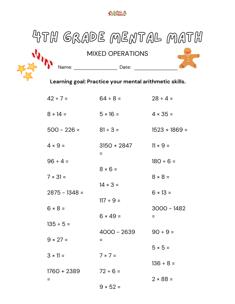Printable 4th grade mental math worksheet with three columns of mixed math problems for Christmas classroom practice.