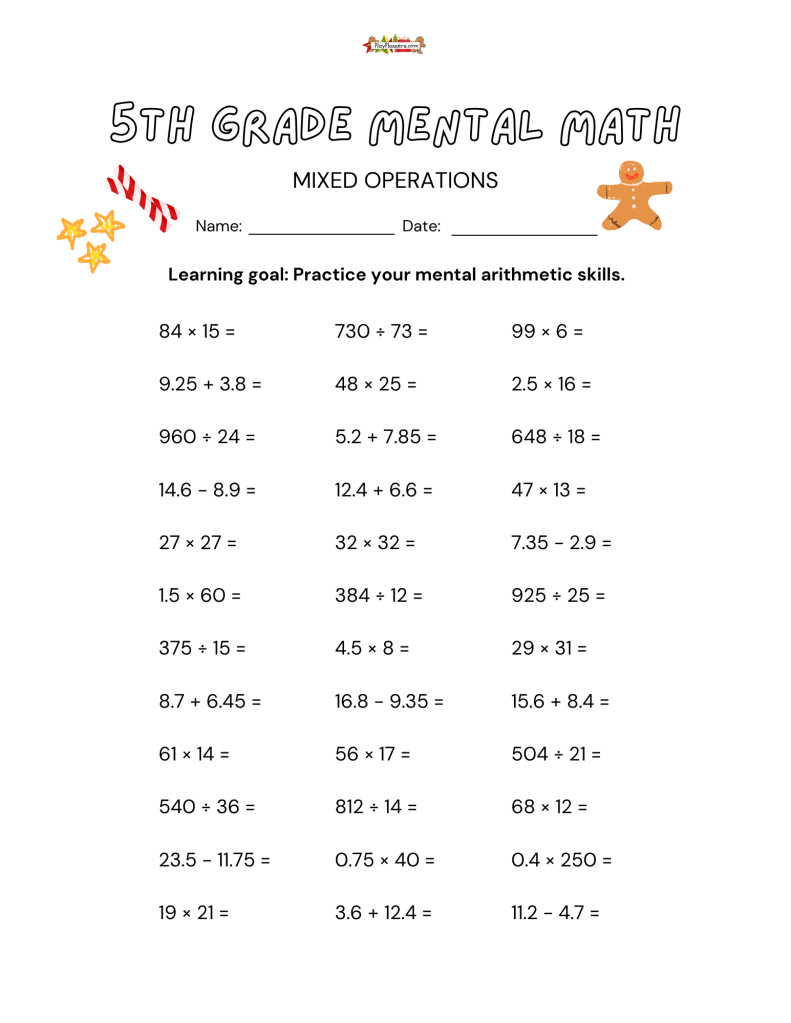 Fifth grade mental arithmetic worksheet for Christmas featuring multi-digit multiplication, whole-number division, and decimal calculations.