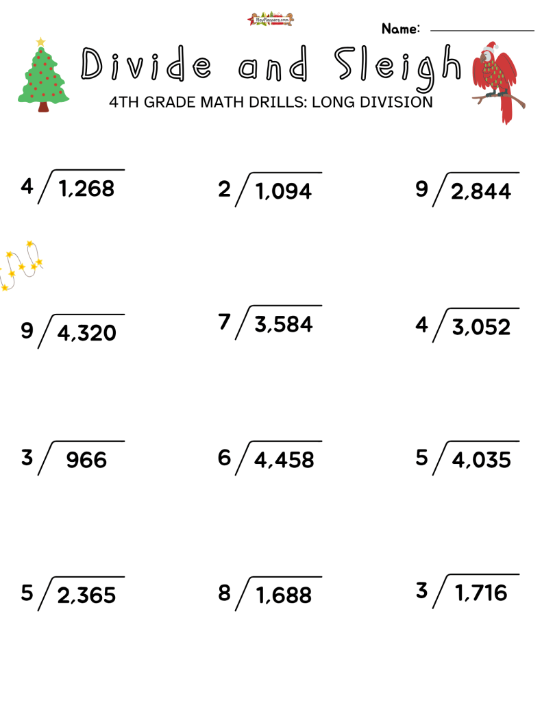 Divide and Sleigh 4th Grade free printable long division worksheets with Christmas graphics and one-digit divisors.