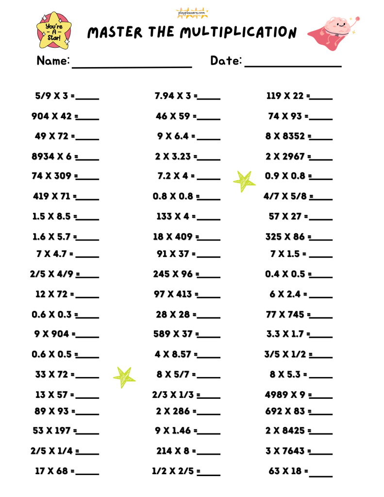 Free multiplication practice sheet for 5th graders with mixed multi-digit, decimal, and fraction multiplication