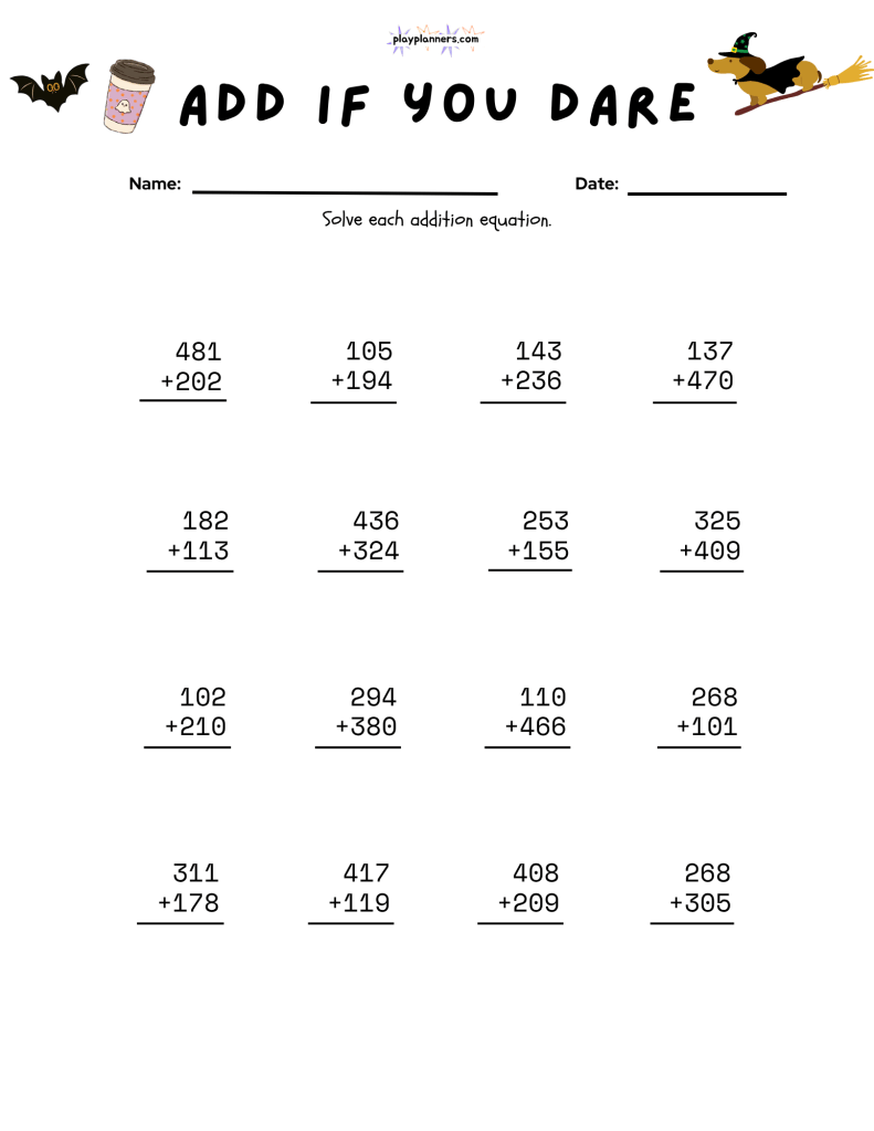 Halloween addition practice printable for grade 3 featuring 16 stacked addition problems and small decorative graphics.