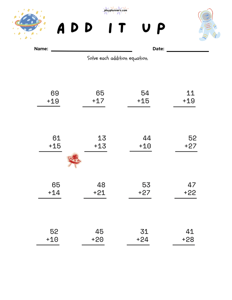 Space math printable for second graders practicing vertical addition with two-digit numbers.