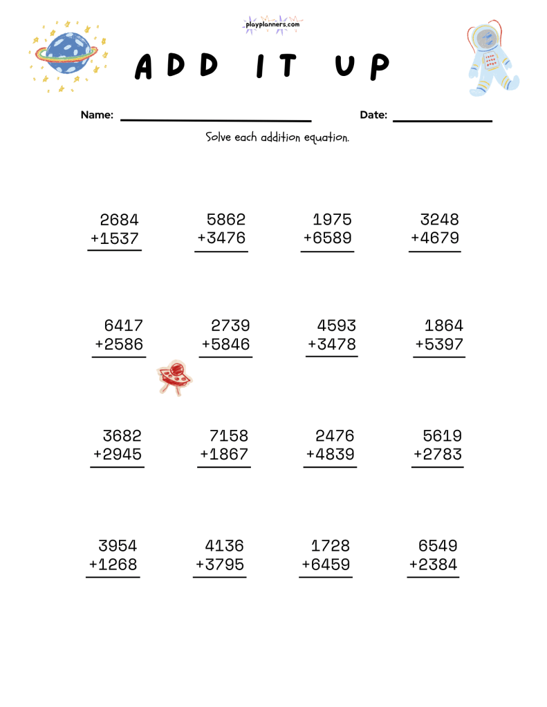 Printable space-themed addition practice for grade 4 with vertically aligned multi-digit addition problems.