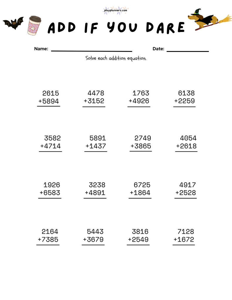 Fourth grade math printable featuring Halloween-themed addition problems and kid-friendly illustrations.