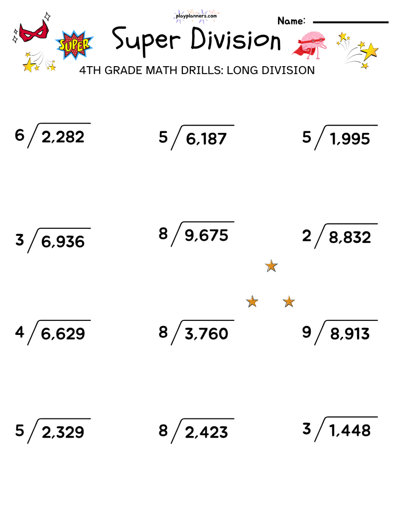 Free fourth grade long division worksheet with 12 four-digit dividend problems and one-digit divisors in the Super Division collection.