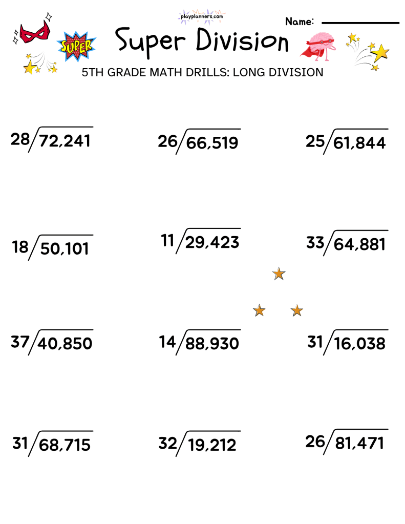 Superhero division practice worksheet for 5th grade students featuring 12 four-digit by one-digit long division problems.