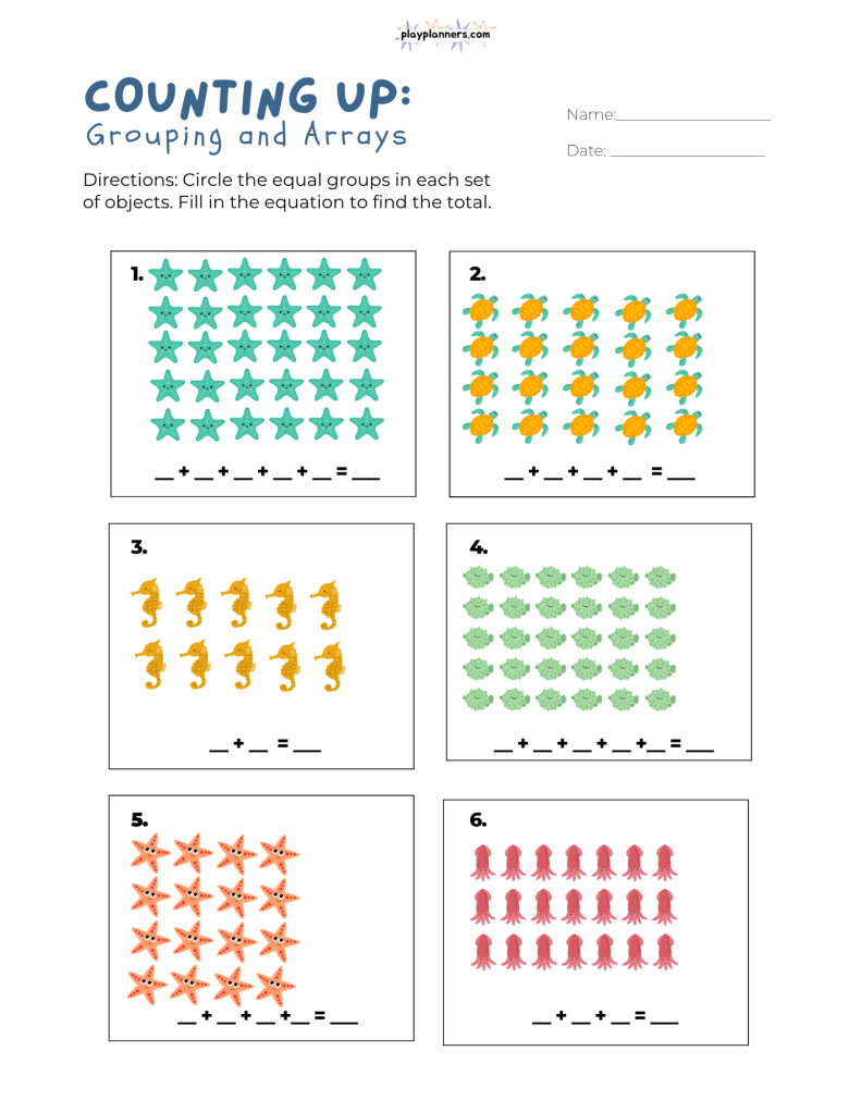 Ocean-themed printable arrays worksheet for 3rd graders practicing equal groups and repeated addition as a step toward multiplication.