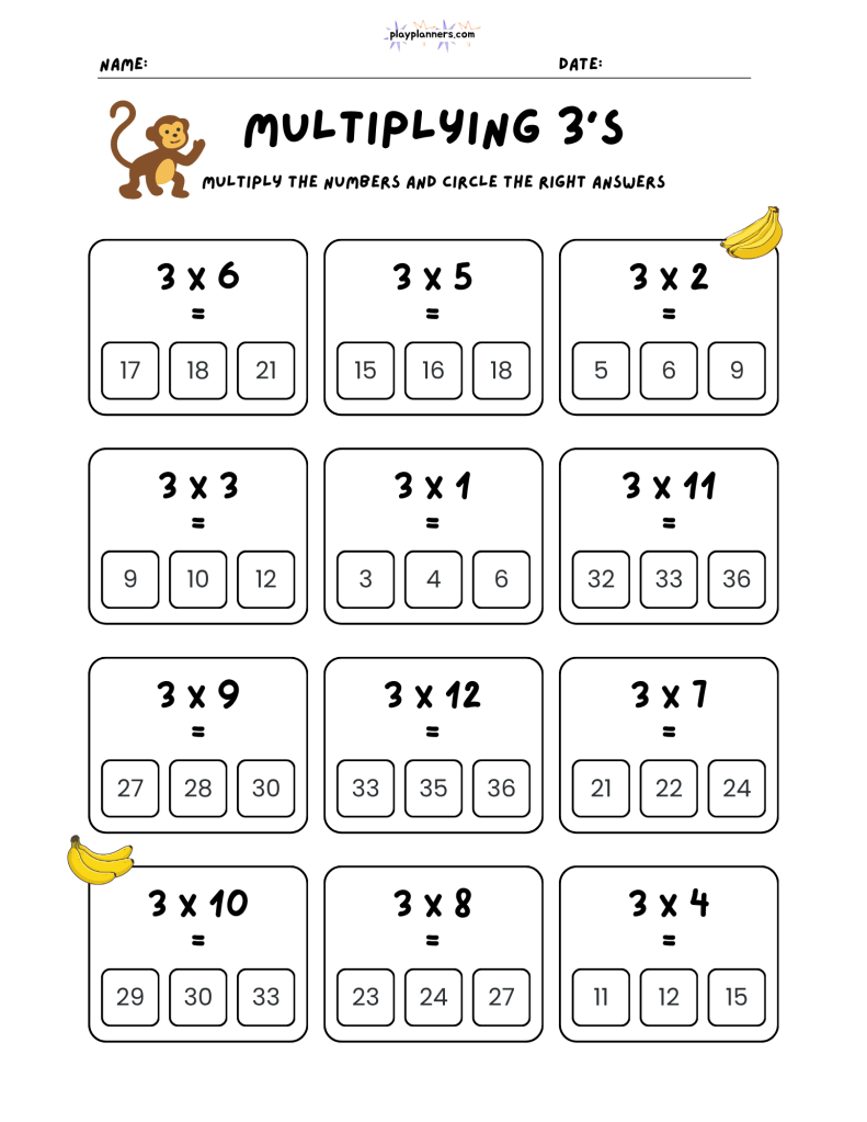 Free 3 times table multiplication worksheet for kids with 12 problems and three possible answers per question.