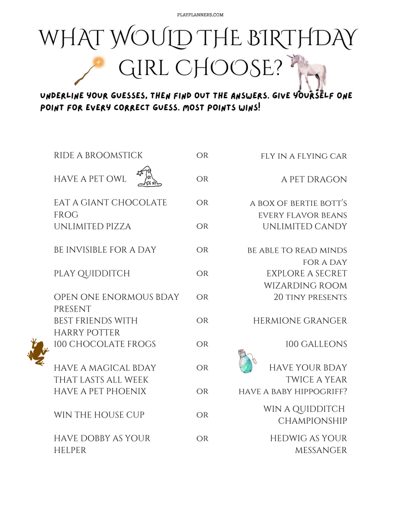 Harry Potter Would You Rather printable game for birthday parties where kids guess which magical options the birthday child would choose.