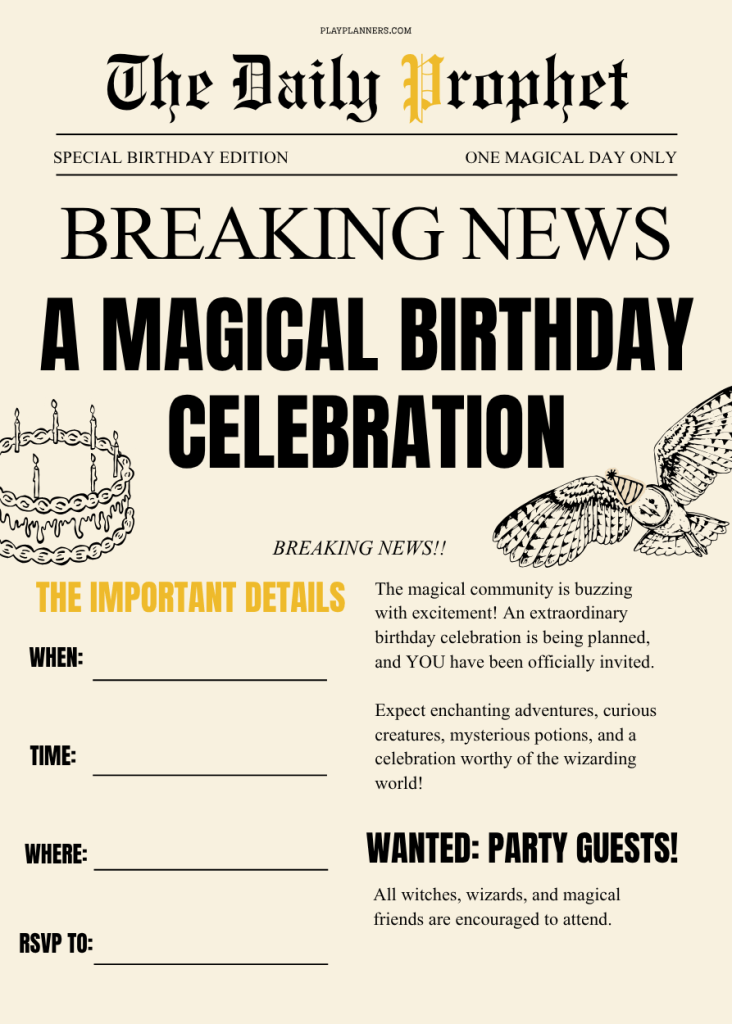 Harry Potter wizard birthday party invitation printable for children, perfect for inviting friends to a magical themed celebration.
