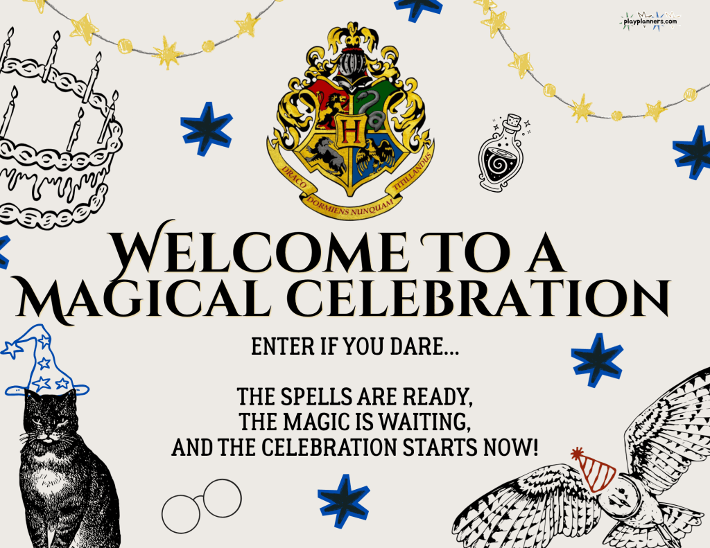 Printable Harry Potter birthday party welcome sign featuring a wizarding theme for welcoming guests to a magical birthday celebration.