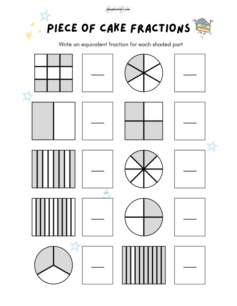 Free fourth grade equivalent fractions printable with shaded shapes to help students recognize equal fractional amounts.