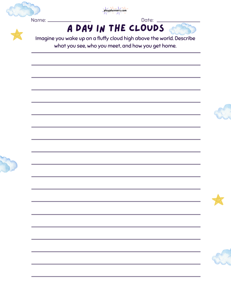 A Day in the Clouds: Fourth grade creative writing worksheet featuring a cloud-themed illustration and a prompt about an adventure high above the world, with 18 writing lines.
