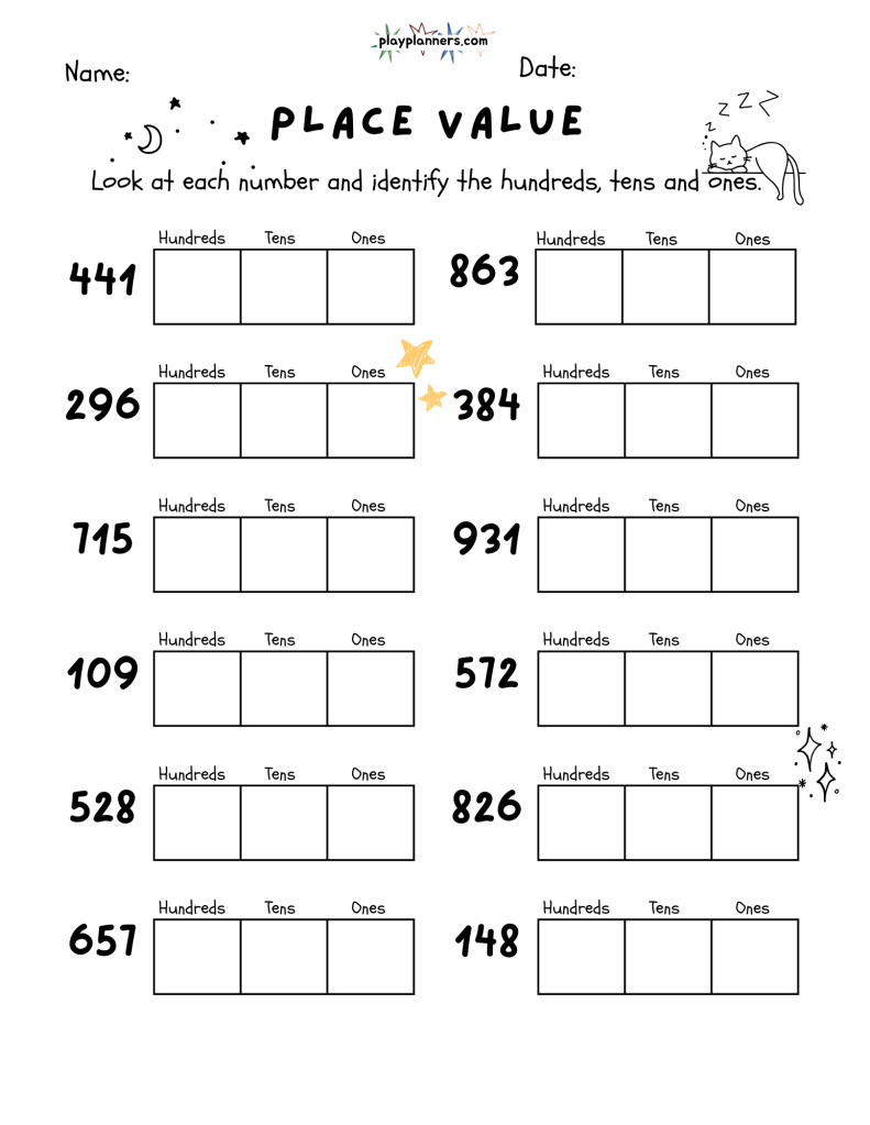 Cat-themed third grade math printable featuring three-digit place value exercises and small, ink-saving doodles.