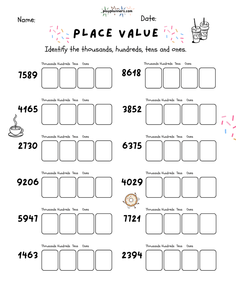 Fourth grade math printable for practicing thousands, hundreds, tens, and ones using 12 four-digit numbers.