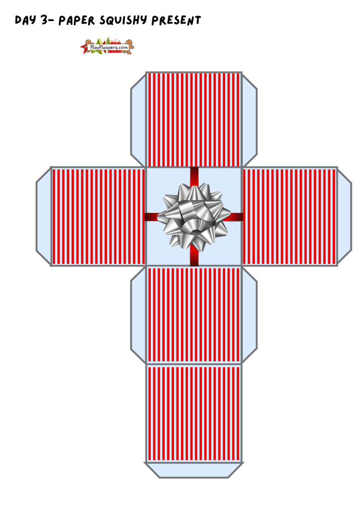 Christmas present paper squishy printable featuring a festive gift box design for a DIY Christmas craft for kids.