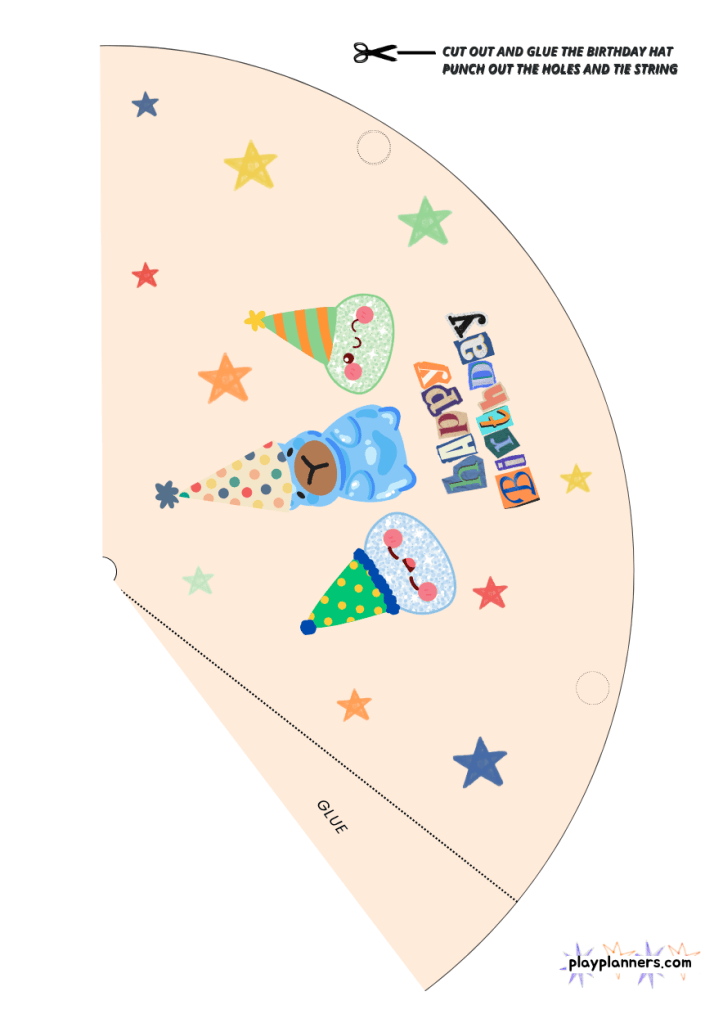 Printable squishy-themed birthday hat featuring fun dumpling characters, birthday hats, and playful star accents in bold colors.