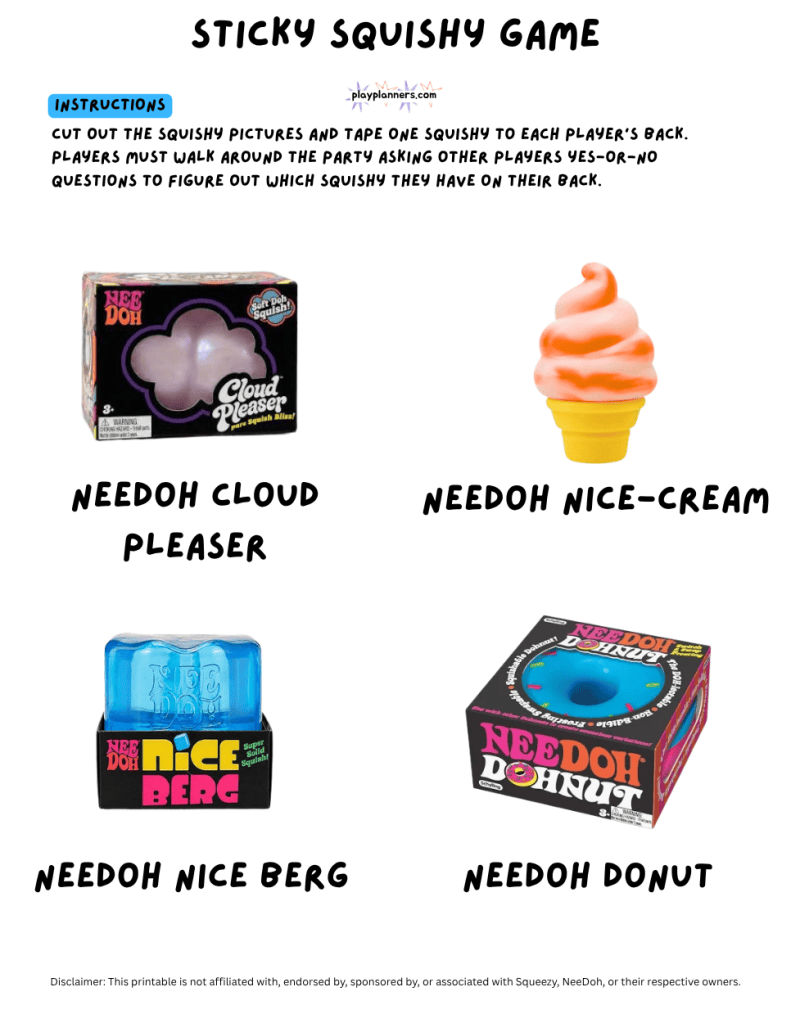 Printable Sticky Squishy on Your Back guessing game for boys' birthday parties, featuring colorful squishy toy illustrations with their names to cut out and tape onto players' backs for a fun game of yes-or-no questions and squishy-themed guessing.