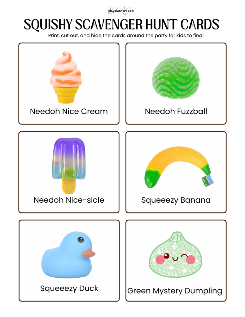 Printable squishy scavenger hunt for boys' birthday parties, featuring a scavenger hunt checklist with colorful squishy toy pictures and two pages of squishy icons to cut out and hide around the party area. Kids race to find all the hidden squishies, making it a fun birthday party activity.