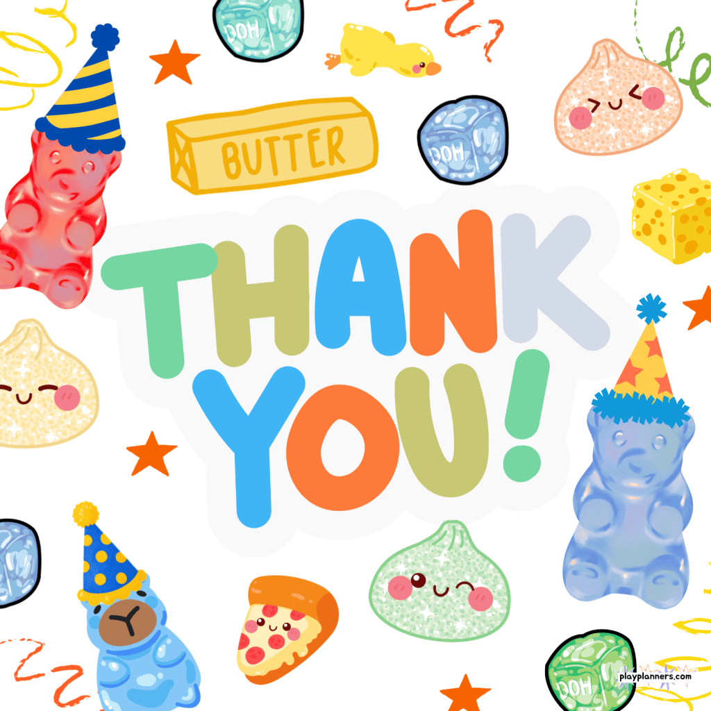 Printable squishy birthday thank-you cards for boys, featuring colorful squishy toys and stars in three background options: white, black and blue, and light cream. These squishy-themed thank-you cards are perfect for thanking friends and family for birthday gifts and celebrating a fun squishy birthday party.